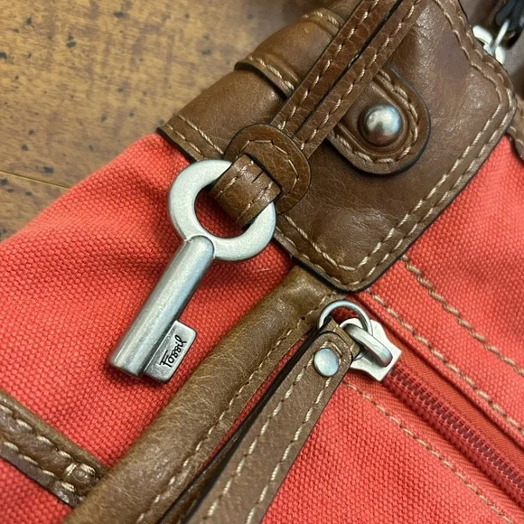 Fossil Red Canvas with Leather Accents Crossbody Purse Handbag Adjustable Strap - Picture 10 of 15